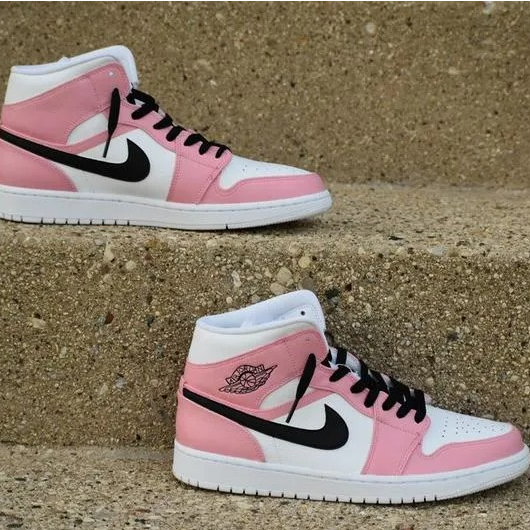 Custom Jordans Pink White Black Swoosh Mid