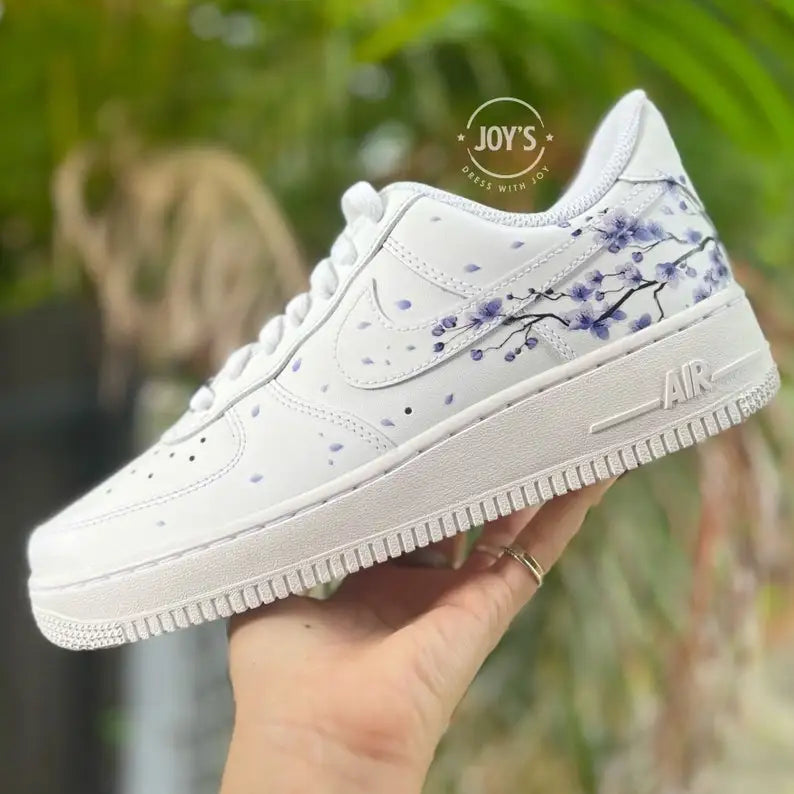 Hand Painted Lavender Cherry Blossom Custom Air Force 1, Aesthetic Falling Floral Petal Custom Sneakers with Optional Gradient Purple Laces, Unique Casual Fashion Shoes for Women & Men