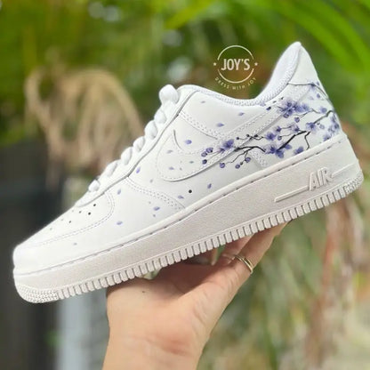 Hand Painted Lavender Cherry Blossom Custom Air Force 1, Aesthetic Falling Floral Petal Custom Sneakers with Optional Gradient Purple Laces, Unique Casual Fashion Shoes for Women & Men