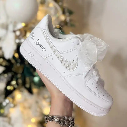 Personalized Custom Name/Date Pearl Rhinestone White Wedding Bridal Custom Air Force 1, Comfortable Ribbon Lace Bride Custom Sneakers for Wedding Day