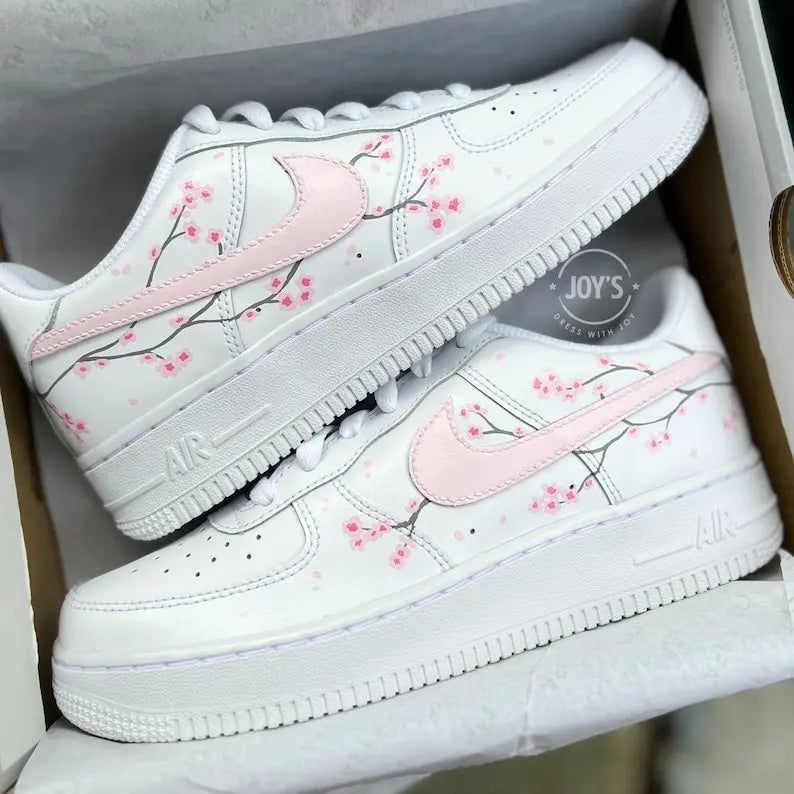 Hand Painted Cherry Blossom Custom Air Force 1, Cute Aesthetic White & Light Pink Floral Custom Sneakers for Women with Optional Matching Shoelaces