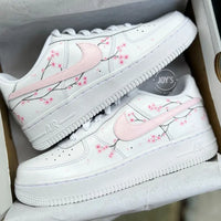 Hand Painted Cherry Blossom Custom Air Force 1, Cute Aesthetic White & Light Pink Floral Custom Sneakers for Women with Optional Matching Shoelaces