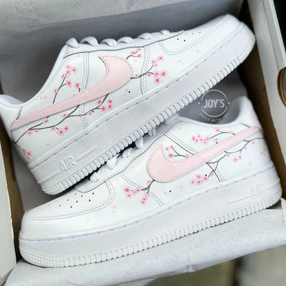 Hand Painted Cherry Blossom Custom Air Force 1, Cute Aesthetic White & Light Pink Floral Custom Sneakers for Women with Optional Matching Shoelaces