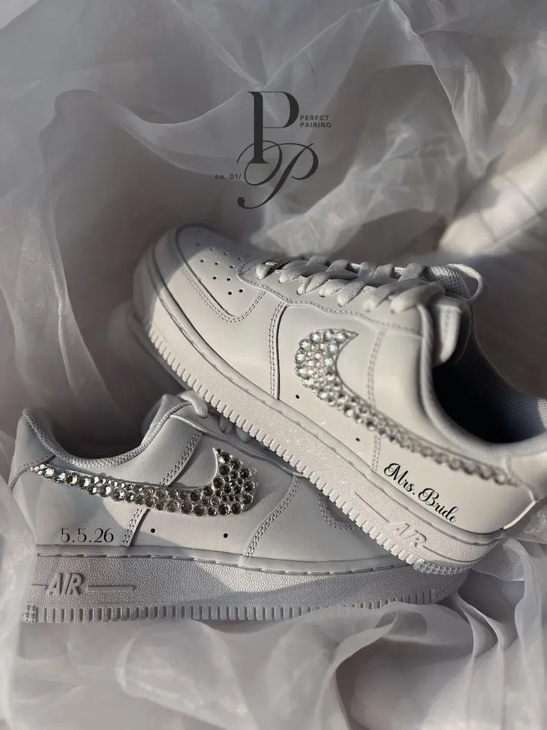 Personalized Shiny Rhinestone Embellished Bridal Wedding Custom Air Force 1, Customizable Name/Date White Satin Lace Comfortable Bridal Custom Sneakers