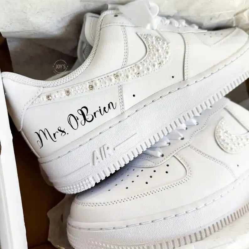 Personalized Custom Name/Date Pearl Rhinestone White Wedding Bridal Custom Air Force 1, Comfortable Ribbon Lace Bride Custom Sneakers for Wedding Day