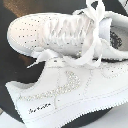 Pearl Rhinestone Embellished Personalized Bridal Custom Air Force 1, White Satin Laces Custom Name & Wedding Date Custom Sneakers for Bride Wedding Bridesmaid Gift