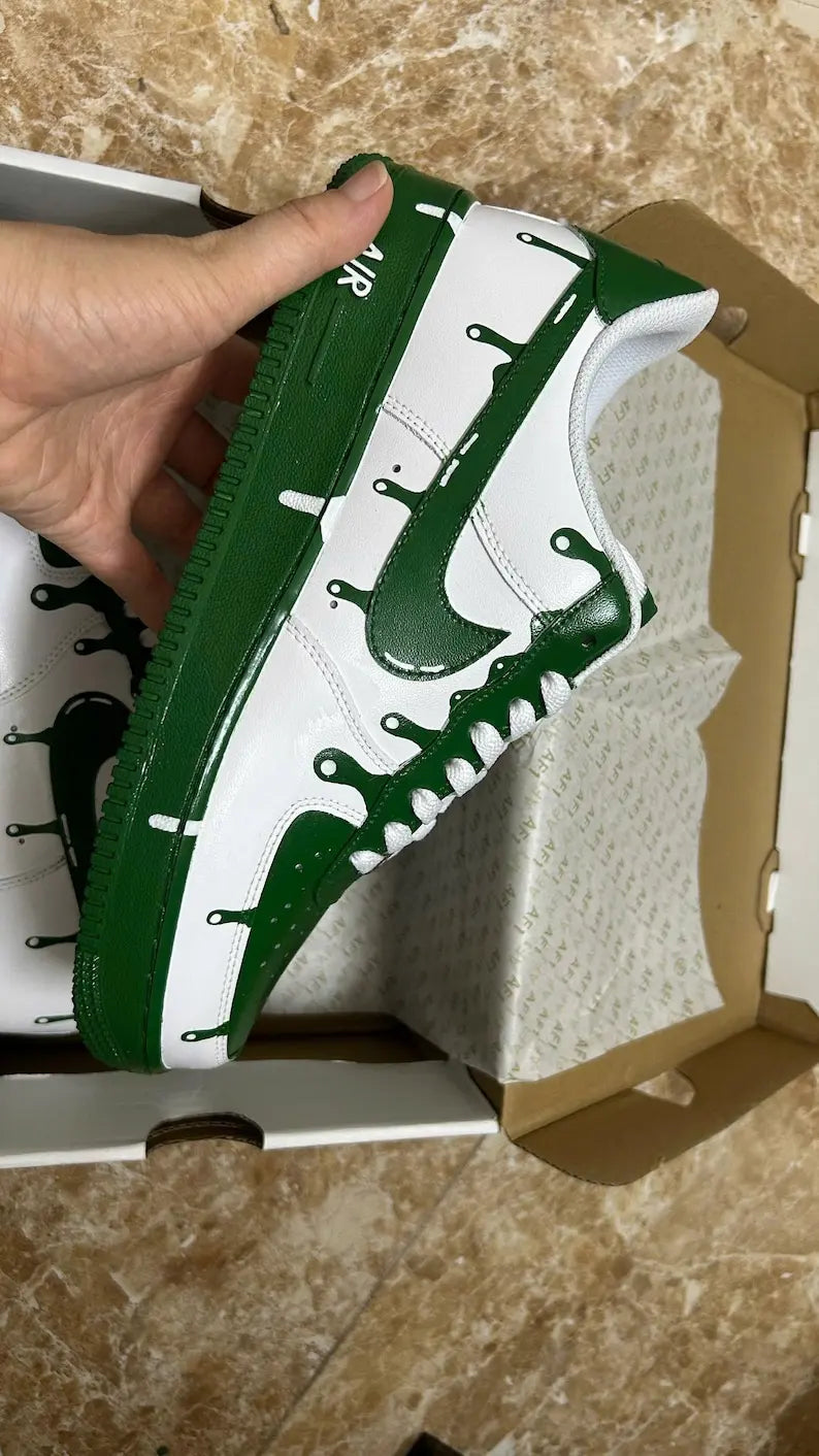 Hand Painted Green White Dripping Paint Design Custom Air Force 1 Custom Sneakers Unisex Trendy Streetwear Casual Skate Shoes