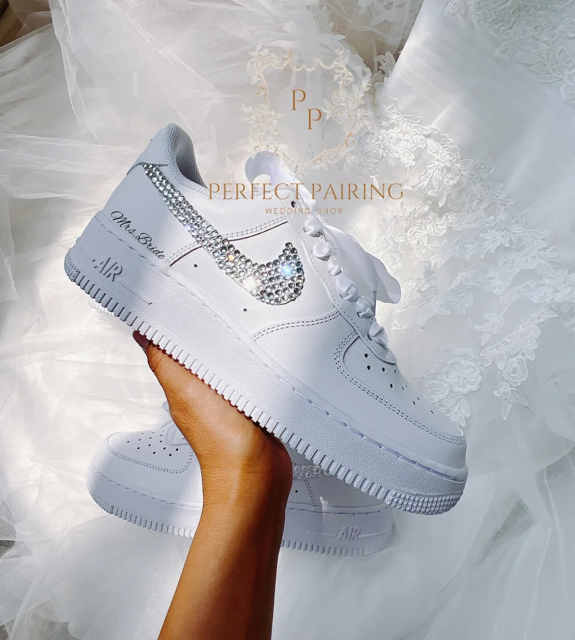 Personalized Shiny Rhinestone Embellished Bridal Wedding Custom Air Force 1, Customizable Name/Date White Satin Lace Comfortable Bridal Custom Sneakers