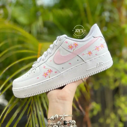 Hand Painted Pink Cherry Blossom Custom Air Force 1, Aesthetic Floral White Custom Sneakers for Women, Cute Casual Fashion Shoes With Multiple Shoelace Options