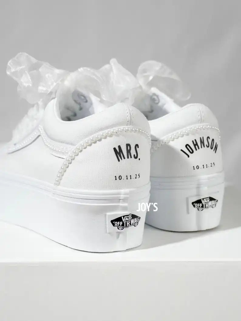 Product Title White Pearl Decor Platform Custom Air Force 1 Custom Sneakers Personalized Wedding Date & Name Organza Ribbon Laces Bridal Wedding Shoes for Bride