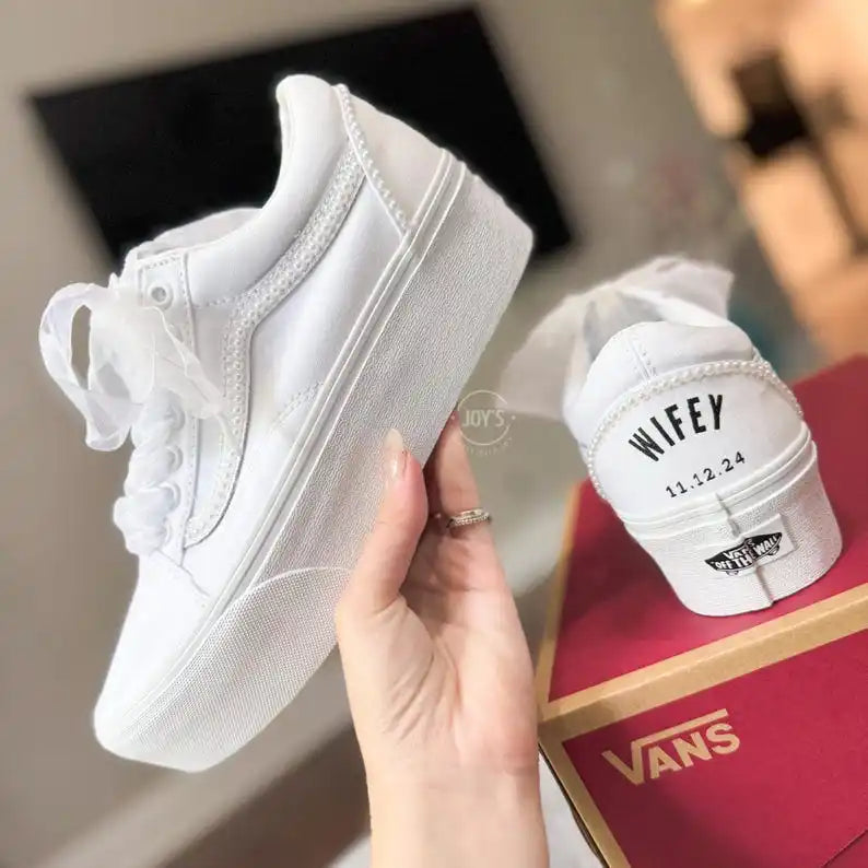 Product Title White Pearl Decor Platform Custom Air Force 1 Custom Sneakers Personalized Wedding Date & Name Organza Ribbon Laces Bridal Wedding Shoes for Bride