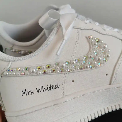 Pearl Rhinestone Embellished Personalized Bridal Custom Air Force 1, White Satin Laces Custom Name & Wedding Date Custom Sneakers for Bride Wedding Bridesmaid Gift