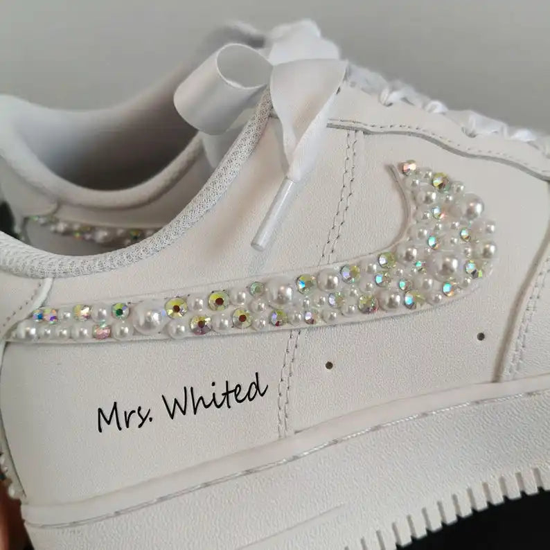 Pearl Rhinestone Embellished Personalized Bridal Custom Air Force 1, White Satin Laces Custom Name & Wedding Date Custom Sneakers for Bride Wedding Bridesmaid Gift