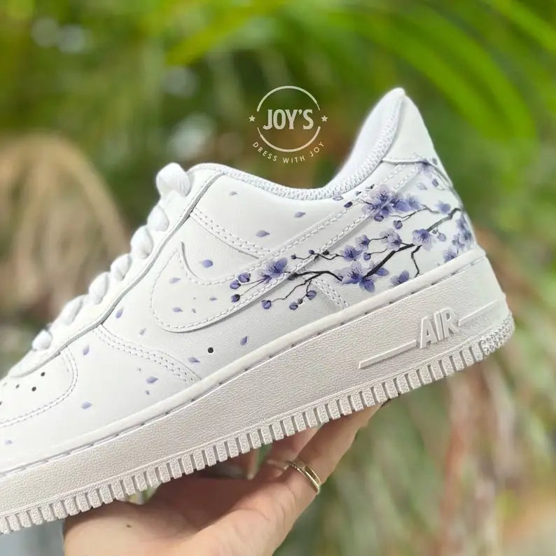 Hand Painted Lavender Cherry Blossom Custom Air Force 1, Aesthetic Falling Floral Petal Custom Sneakers with Optional Gradient Purple Laces, Unique Casual Fashion Shoes for Women & Men