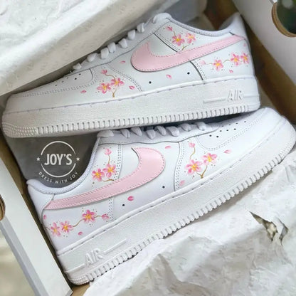 Hand Painted Pink Cherry Blossom Custom Air Force 1, Aesthetic Floral White Custom Sneakers for Women, Cute Casual Fashion Shoes With Multiple Shoelace Options
