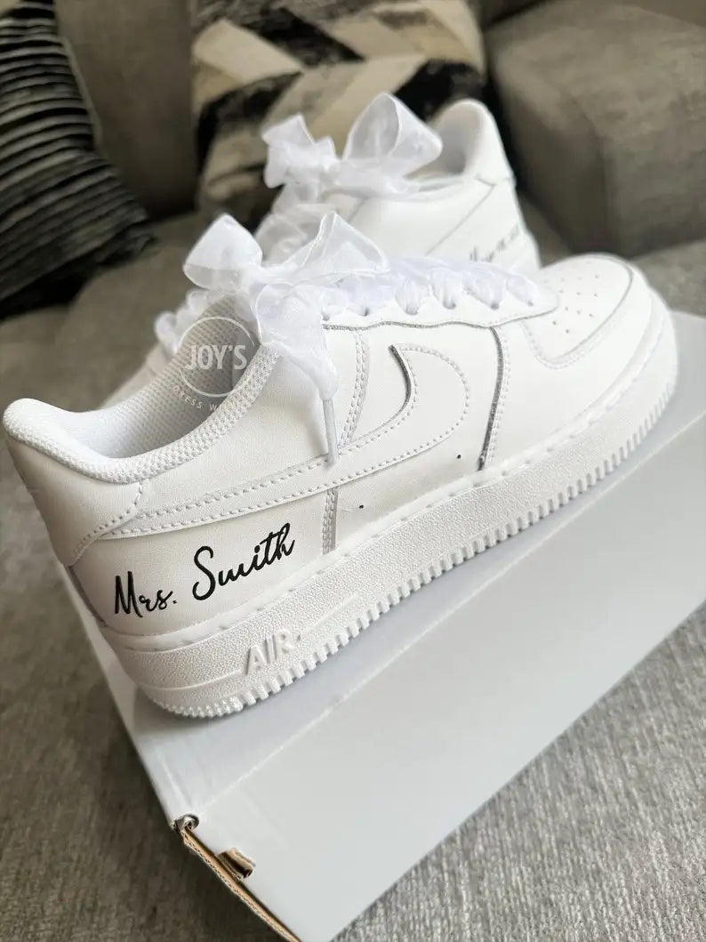 Personalized Custom Name/Date Pearl Rhinestone White Wedding Bridal Custom Air Force 1, Comfortable Ribbon Lace Bride Custom Sneakers for Wedding Day