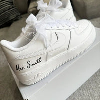 Personalized Custom Name/Date Pearl Rhinestone White Wedding Bridal Custom Air Force 1, Comfortable Ribbon Lace Bride Custom Sneakers for Wedding Day