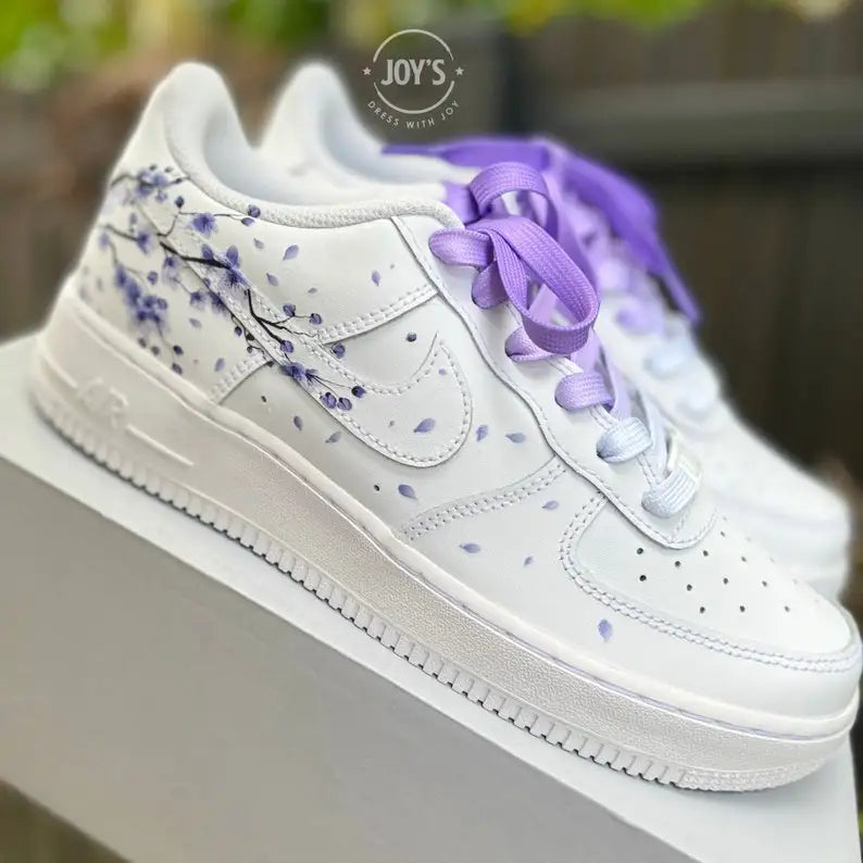 Hand Painted Lavender Cherry Blossom Custom Air Force 1, Aesthetic Falling Floral Petal Custom Sneakers with Optional Gradient Purple Laces, Unique Casual Fashion Shoes for Women & Men