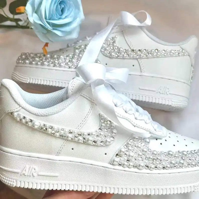 Personalized Name & Rhinestone Pearl Embellished Ribbon Bow Lace White Bridal Custom Air Force 1, Sparkly Wedding Custom Sneakers for Bride Bridesmaid