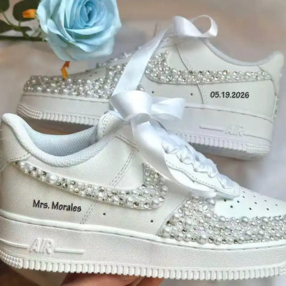 Personalized Name & Rhinestone Pearl Embellished Ribbon Bow Lace White Bridal Custom Air Force 1, Sparkly Wedding Custom Sneakers for Bride Bridesmaid