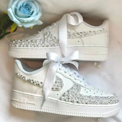 Personalized Name & Rhinestone Pearl Embellished Ribbon Bow Lace White Bridal Custom Air Force 1, Sparkly Wedding Custom Sneakers for Bride Bridesmaid