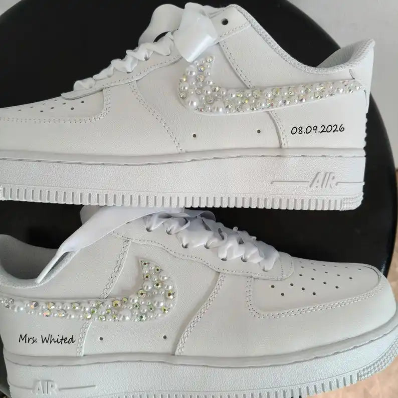 Pearl Rhinestone Embellished Personalized Bridal Custom Air Force 1, White Satin Laces Custom Name & Wedding Date Custom Sneakers for Bride Wedding Bridesmaid Gift