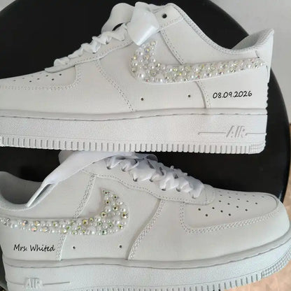 Pearl Rhinestone Embellished Personalized Bridal Custom Air Force 1, White Satin Laces Custom Name & Wedding Date Custom Sneakers for Bride Wedding Bridesmaid Gift