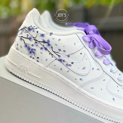 Hand Painted Lavender Cherry Blossom Custom Air Force 1, Aesthetic Falling Floral Petal Custom Sneakers with Optional Gradient Purple Laces, Unique Casual Fashion Shoes for Women & Men