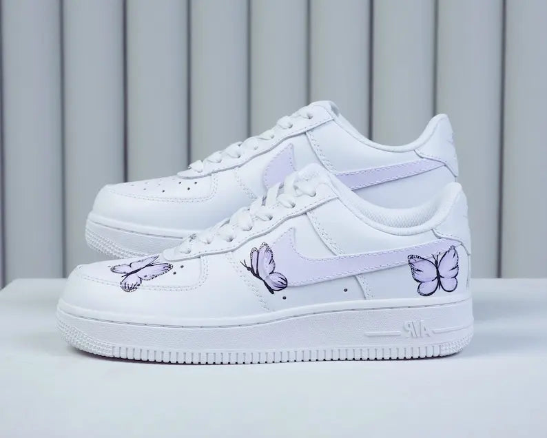 Unique Hand Painted Lavender Butterfly White Custom Air Force 1 Custom Sneakers Women's Aesthetic Comfortable Casual Daily Skate Shoes