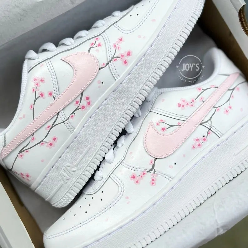 Hand Painted Cherry Blossom Custom Air Force 1, Cute Aesthetic White & Light Pink Floral Custom Sneakers for Women with Optional Matching Shoelaces