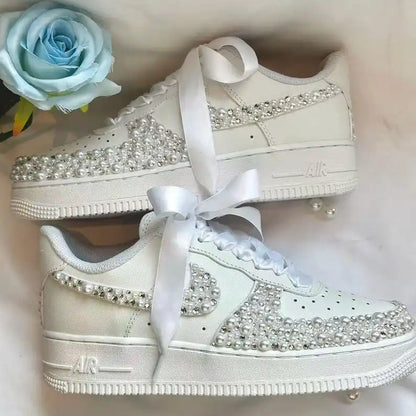 Personalized Name & Rhinestone Pearl Embellished Ribbon Bow Lace White Bridal Custom Air Force 1, Sparkly Wedding Custom Sneakers for Bride Bridesmaid