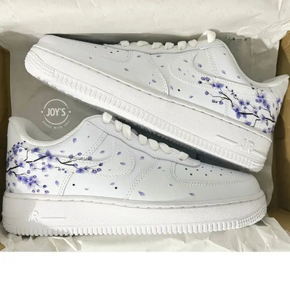 Hand Painted Lavender Cherry Blossom Custom Air Force 1, Aesthetic Falling Floral Petal Custom Sneakers with Optional Gradient Purple Laces, Unique Casual Fashion Shoes for Women & Men
