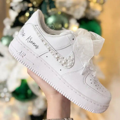 Personalized Custom Name/Date Pearl Rhinestone White Wedding Bridal Custom Air Force 1, Comfortable Ribbon Lace Bride Custom Sneakers for Wedding Day