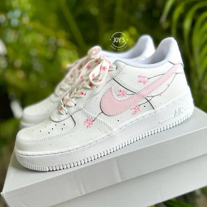 Hand Painted Cherry Blossom Custom Air Force 1, Cute Aesthetic White & Light Pink Floral Custom Sneakers for Women with Optional Matching Shoelaces