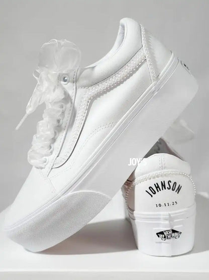 Product Title White Pearl Decor Platform Custom Air Force 1 Custom Sneakers Personalized Wedding Date & Name Organza Ribbon Laces Bridal Wedding Shoes for Bride