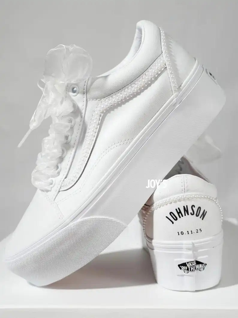 White Pearl Decor Platform Custom Air Force 1 Custom Sneakers Personalized Wedding Date & Name Organza Ribbon Laces Bridal Wedding Shoes for Bride
