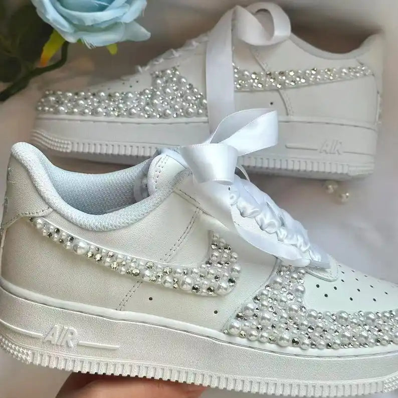 Personalized Name & Rhinestone Pearl Embellished Ribbon Bow Lace White Bridal Custom Air Force 1, Sparkly Wedding Custom Sneakers for Bride Bridesmaid