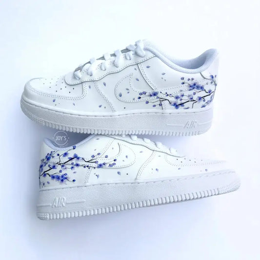 Hand Painted Lavender Cherry Blossom Custom Air Force 1, Aesthetic Falling Floral Petal Custom Sneakers with Optional Gradient Purple Laces, Unique Casual Fashion Shoes for Women & Men