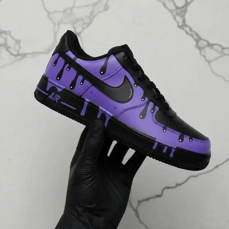 Purple Black Drip Design Hand-Painted Custom Air Force 1, Unique Streetwear Style Unisex Custom Sneakers