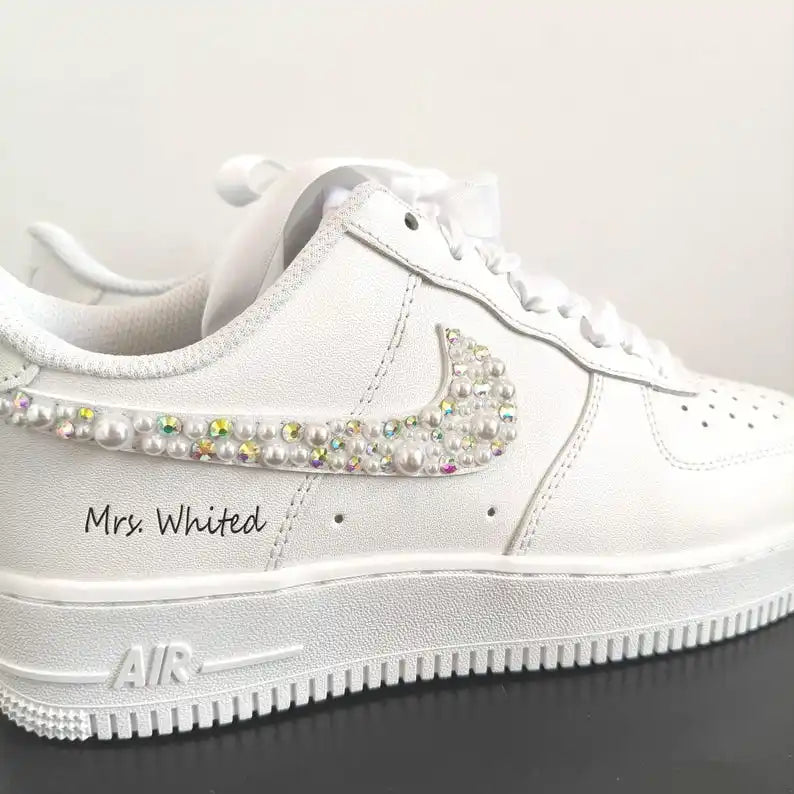 Pearl Rhinestone Embellished Personalized Bridal Custom Air Force 1, White Satin Laces Custom Name & Wedding Date Custom Sneakers for Bride Wedding Bridesmaid Gift