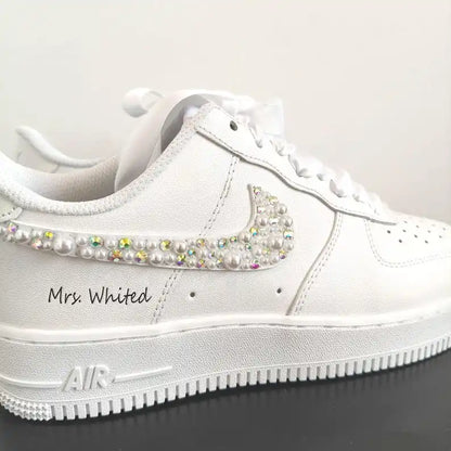 Pearl Rhinestone Embellished Personalized Bridal Custom Air Force 1, White Satin Laces Custom Name & Wedding Date Custom Sneakers for Bride Wedding Bridesmaid Gift