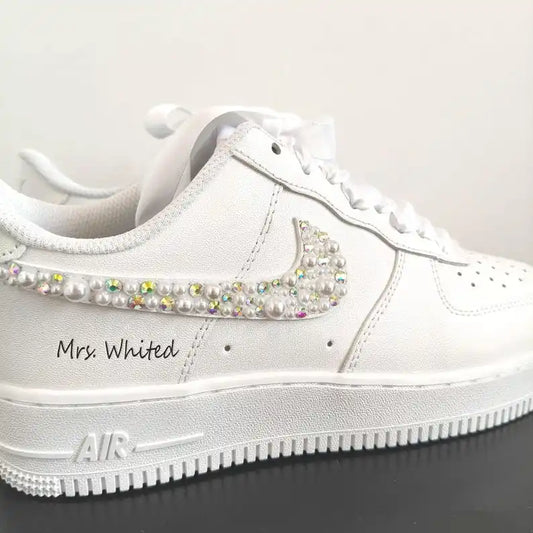 Pearl Rhinestone Embellished Personalized Bridal Custom Air Force 1, White Satin Laces Custom Name & Wedding Date Custom Sneakers for Bride Wedding Bridesmaid Gift