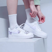 Unique Hand Painted Lavender Butterfly White Custom Air Force 1 Custom Sneakers Women's Aesthetic Comfortable Casual Daily Skate Shoes