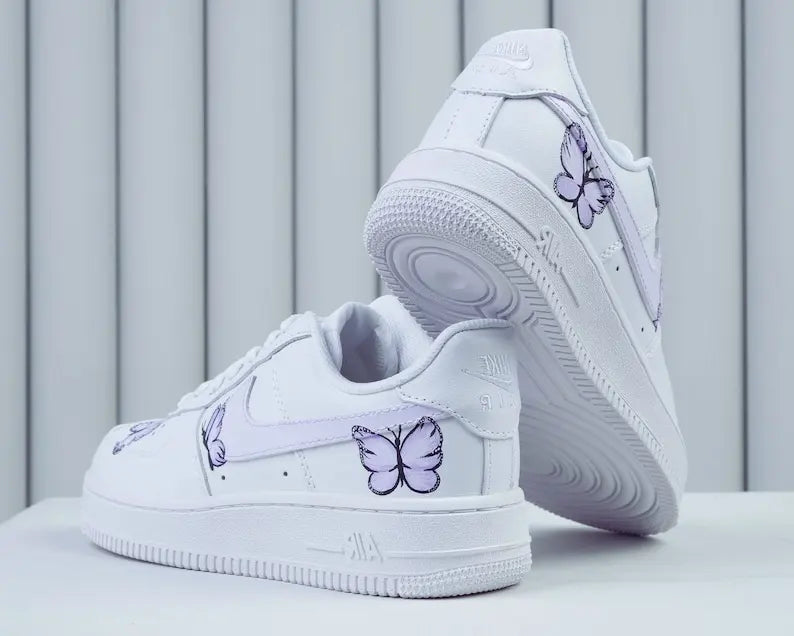 Unique Hand Painted Lavender Butterfly White Custom Air Force 1 Custom Sneakers Women's Aesthetic Comfortable Casual Daily Skate Shoes