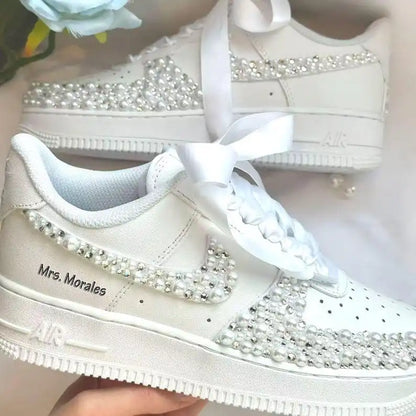 Personalized Name & Rhinestone Pearl Embellished Ribbon Bow Lace White Bridal Custom Air Force 1, Sparkly Wedding Custom Sneakers for Bride Bridesmaid