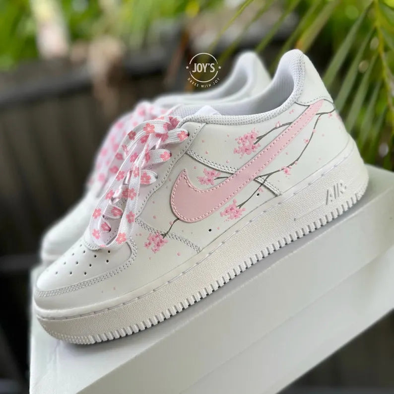 Hand Painted Cherry Blossom Custom Air Force 1, Cute Aesthetic White & Light Pink Floral Custom Sneakers for Women with Optional Matching Shoelaces