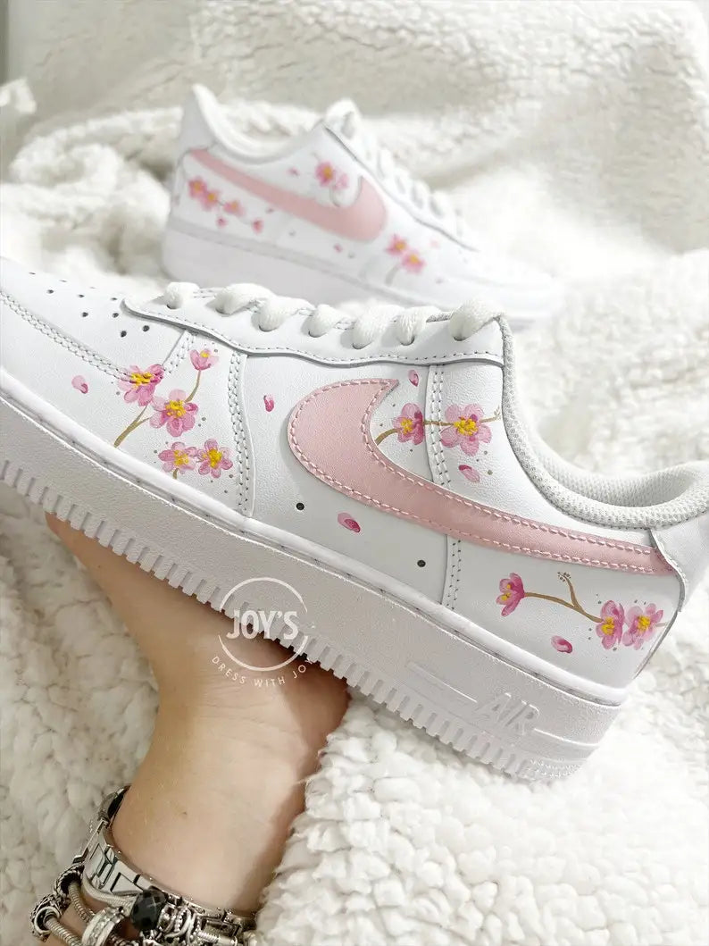 Hand Painted Pink Cherry Blossom Custom Air Force 1, Aesthetic Floral White Custom Sneakers for Women, Cute Casual Fashion Shoes With Multiple Shoelace Options