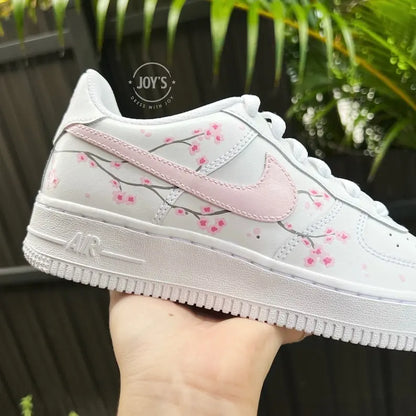Hand Painted Cherry Blossom Custom Air Force 1, Cute Aesthetic White & Light Pink Floral Custom Sneakers for Women with Optional Matching Shoelaces
