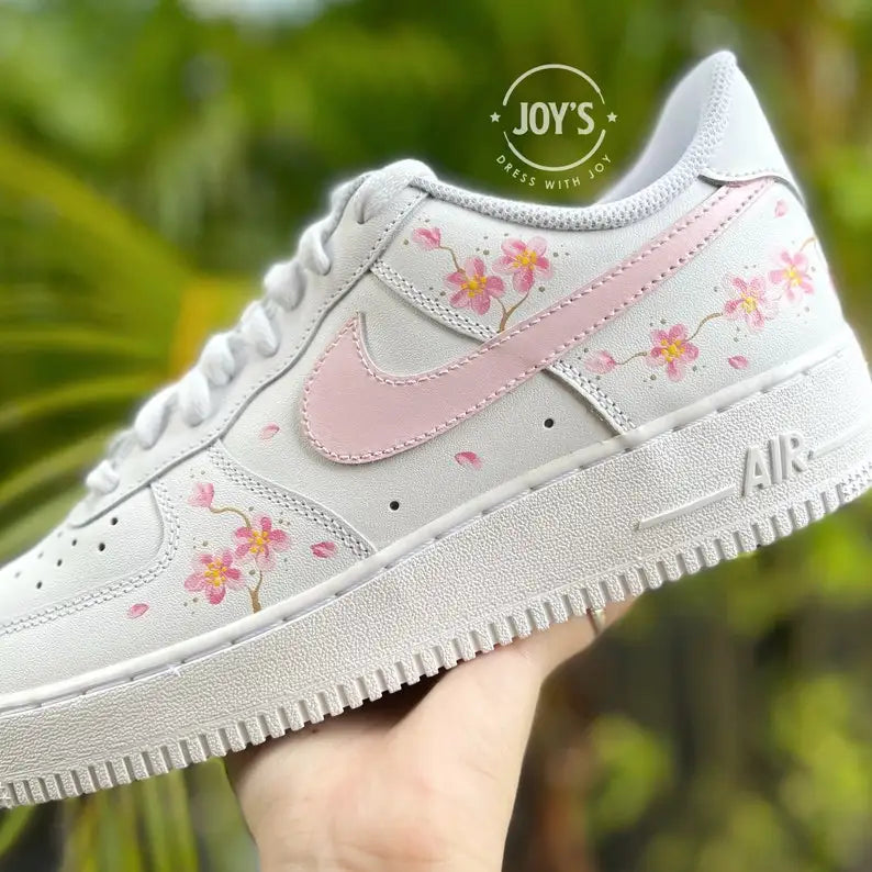 Hand Painted Pink Cherry Blossom Custom Air Force 1, Aesthetic Floral White Custom Sneakers for Women, Cute Casual Fashion Shoes With Multiple Shoelace Options