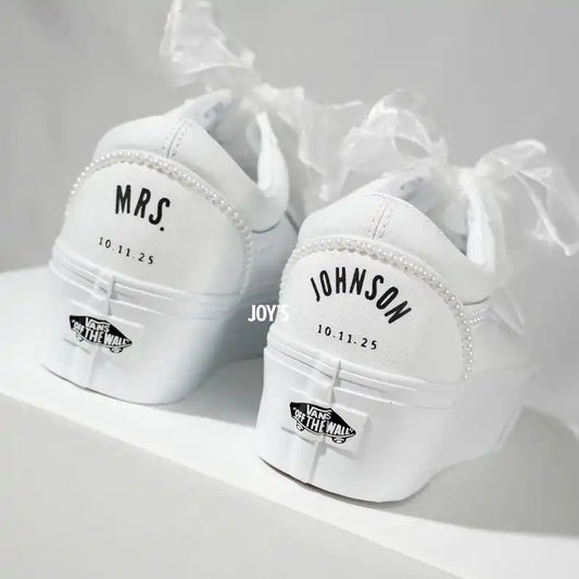 White Pearl Decor Platform Custom Air Force 1 Custom Sneakers Personalized Wedding Date & Name Organza Ribbon Laces Bridal Wedding Shoes for Bride